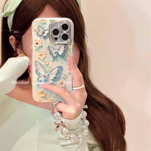 鹿途者 DEERWALKins蓝光水钻蝴蝶适用苹果15pro max手机壳iphone13腕带链条11新款12高级感小众14promax网红保护套 蓝光水钻蝴蝶+手链 iPhone 13