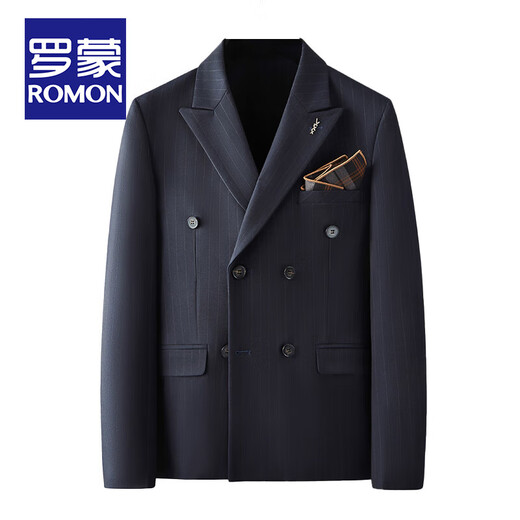 罗蒙（ROMON）高档定制双排扣条纹西服套装男士新郎结婚礼服商务休闲修身西装男 藏青西服+马甲+衬衫+西裤 XL 码(贈+胸针+口袋巾)