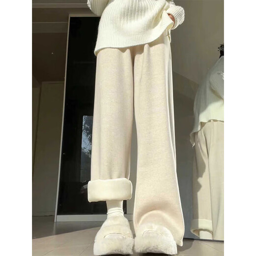 Cantu lamb velvet glutinous rice wide-leg casual pants for women in autumn and winter new velvet warm pants high-waisted drape sports sweatpants off-white velvet M Recommended 90Jin Jin equals 0.5kg to 105Jin Jin equals 0.5kg