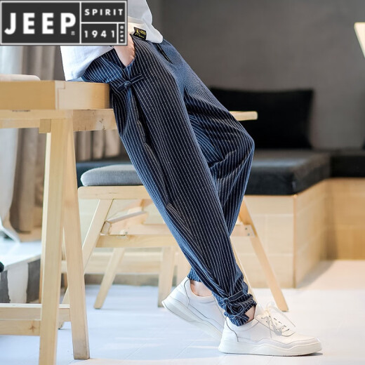 JEEP SPIRIT中国风亚麻长裤子男士唐装条纹休闲灯笼裤棉麻阔腿束脚哈伦九分裤 灰色 XL