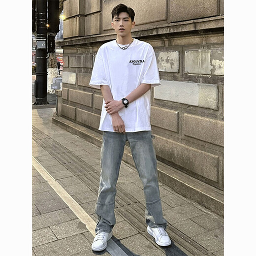 Qumile American street fashion brand letter printing heavy short-sleeved T-shirt men's summer casual loose white cotton base shirt white L [recommended 100-120 Jin [Jin equals 0.5 kg]]