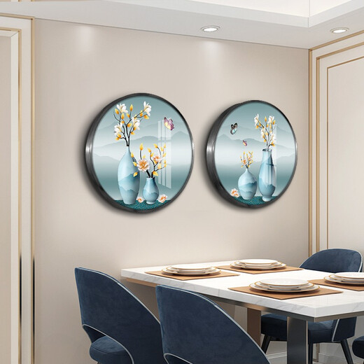 莫画泸林餐厅装饰画现代简约餐桌挂画餐厅壁画入户玄关柜高档画饭厅九鱼图 富贵平安两联11969+11970 烤瓷镶钻-直径50-铝合金黑框