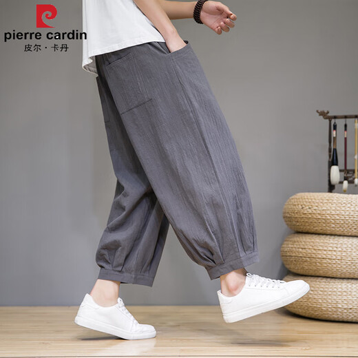Pierre cardin summer linen harem pants Chinese style large size loose nine-point pants trendy wide-leg bloomers men's pants black M