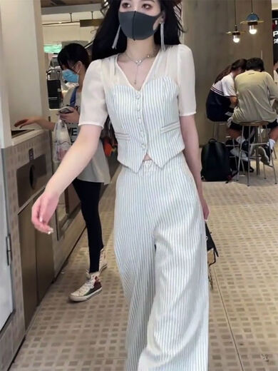 良蜓职业女装高端套装高级感夏季款休闲条纹时尚单女v领拼接上衣洋气 条纹装 2XL 建议130-145斤