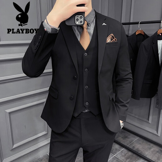 花花公子（PLAYBOY）西装男套装英伦风正装韩版修身休闲结婚新郎高级西服外套男士礼服 深灰色(外套+裤子+衬衫) S