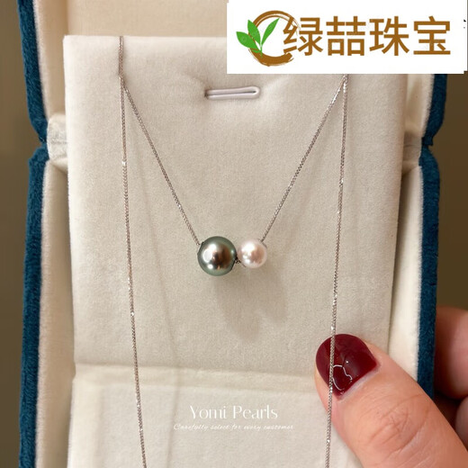 Green Tahitian natural black seawater pearls peacock green strong aurora Akoya size double beads Passepartout 18K necklace