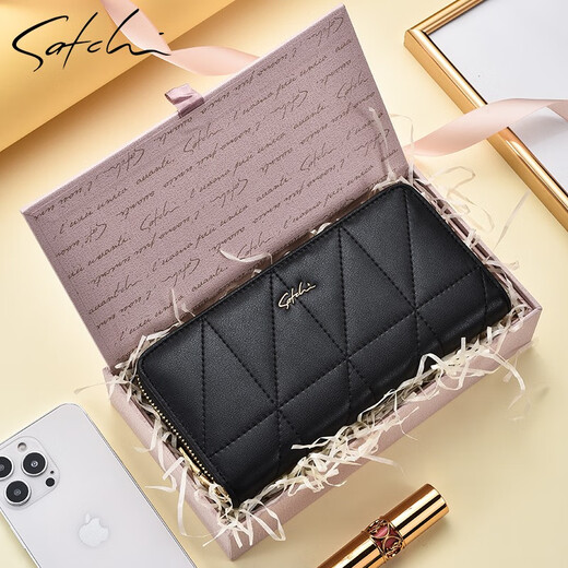 SATCHI women's bag genuine leather wallet fashion wallet brand 2025 new fashion handbag clip clutch coin wallet black [gift box packaging]
