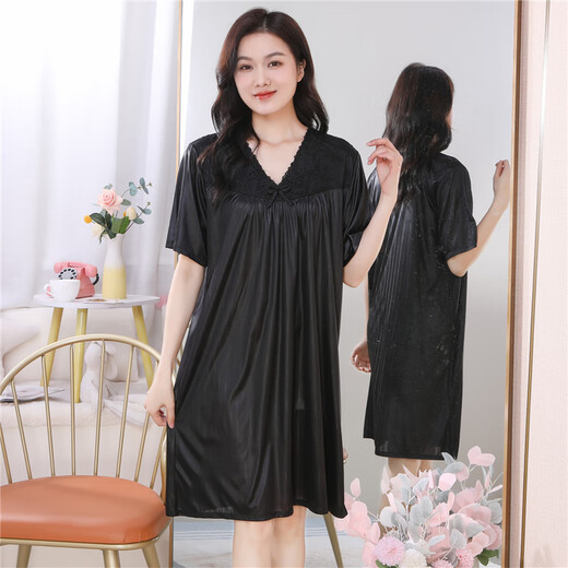 Dai Mingxuan nightgown for women in summer ice silk sexy pajamas for women in summer short-sleeved imitation silk cool lace V-neck home clothing XS831# green one size (suggested 85-145Jin [Jin equals 0.5 kg])