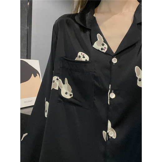 梦动睡衣女春秋季冰丝可爱小奶狗学生长袖薄款开衫女士家居服两件套装 B695#小熊(双长丝) M