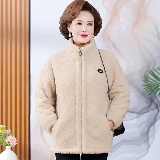 俞兆林（YUZHAOLIN） 中老年女装2022秋冬妈妈装棉服颗粒绒外套女加绒加厚大码棉衣 F11D1289 米色加黑色打底 3XL_【体重120-135斤】
