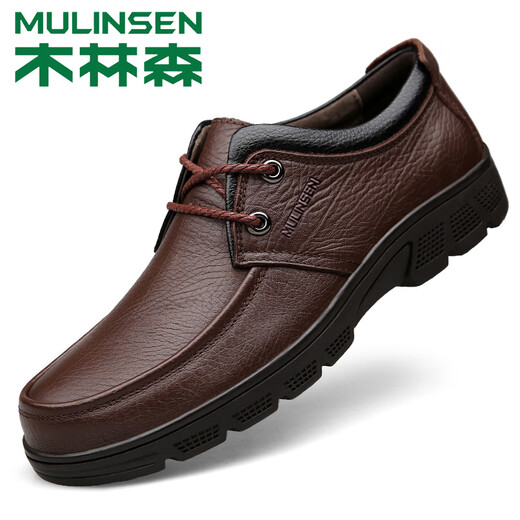 木林森（MULINSEN）皮鞋男真皮头层牛皮秋冬季中年爸爸鞋商务休闲鞋软底一脚蹬中年人 DY-CS1502棕色系带加绒 39
