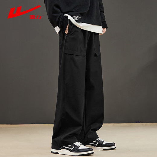 Pull-back casual pants for men in spring and summer, all-match straight pants, loose sports workwear pants, men's black L