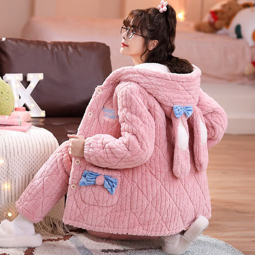 Fengteng Shijia Pyjamas Dreischicht verdickte Baumwollkorallen-Samt warme süße und niedliche Herbst- und Winter-Heimkleidung mittelgroß 9901 Pink M (vorgeschlagen 155-160 cm/75-90jin [Jin gleich 0,5 kg])
