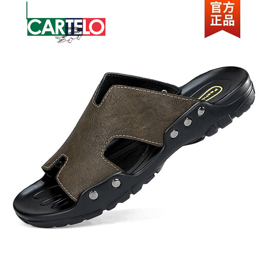 卡帝乐鳄鱼（CARTELO）凉鞋男2025夏季新款外穿休闲加肥加大码凉拖鞋超大号真皮软拖鞋潮 C/1105黑色 49