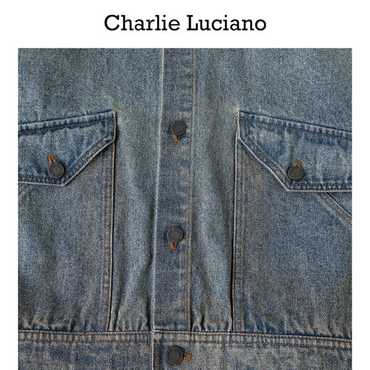 Charlie Luciano水洗做旧烫钻连帽牛仔衬衫秋季新款3899情侣男女同款CL外套 蓝白 XS