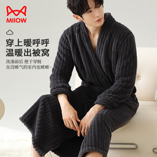 Catman Warm Plush Pajamas Men's Couple Pajamas Women's Autumn and Winter Striped Extra Long Warm Simple Bathrobe Gray