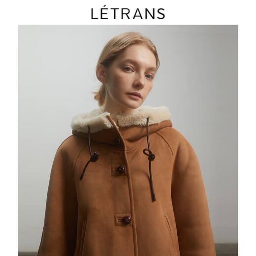 
LETRANS Yuan-Danish Winter Sheep Sheep Coat Women's Hooded Short Imitation Fur Integrated Lamb Fur Brown M