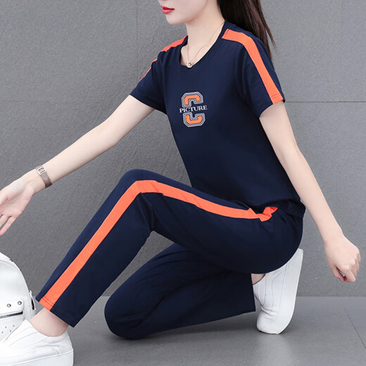 NY-EMMA sports suit for women short-sleeved summer thin high-end fashionable age-reducing cotton casual and fashionable running suit two-piece set 692 orange (trouser suit) XL (recommended 110-125 Jin [Jin equals 0.5 kg])