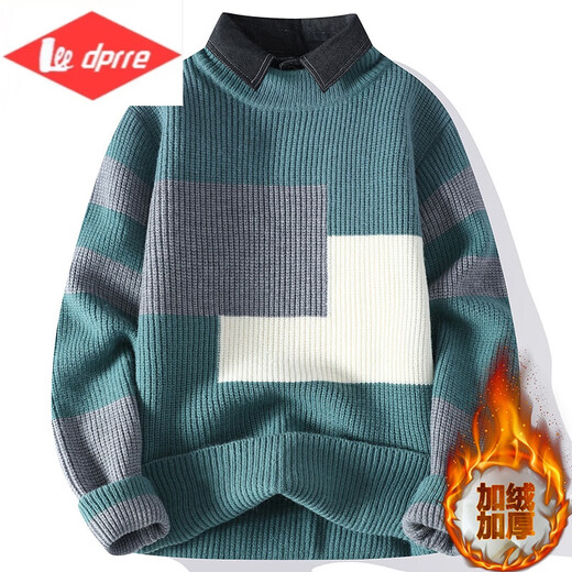 Lee dprre男士衬衫领毛衣秋冬季加绒加厚假两件毛线衣青年休闲打底针织衫男 M9923米白 M