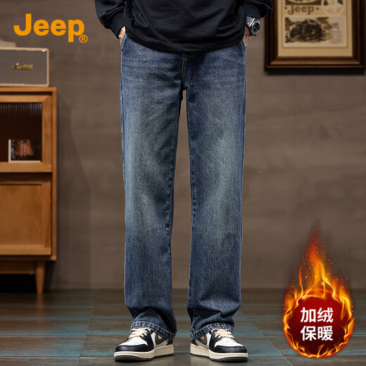 JEEP velvet thickened high-end jeans for men 2025 autumn and winter new style loose straight casual high street wide leg pants for men
