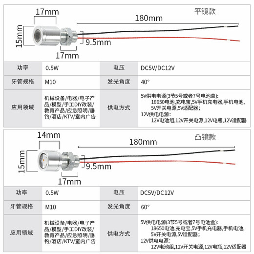微伙15MM小灯迷你小射灯LED灯珠低压5V灯12VLED灯24V灯装饰灯泡低功耗 DC5V.40度款 0.5W 白