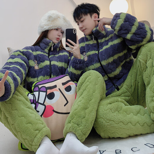 Mengdong three-layer quilted ultra-thick coral velvet Buzz Lightyear couple's pajamas winter plus velvet thickening men's and women's home wear set thick three-layer quilted 6815# brown striped Woody men's style (XXL)