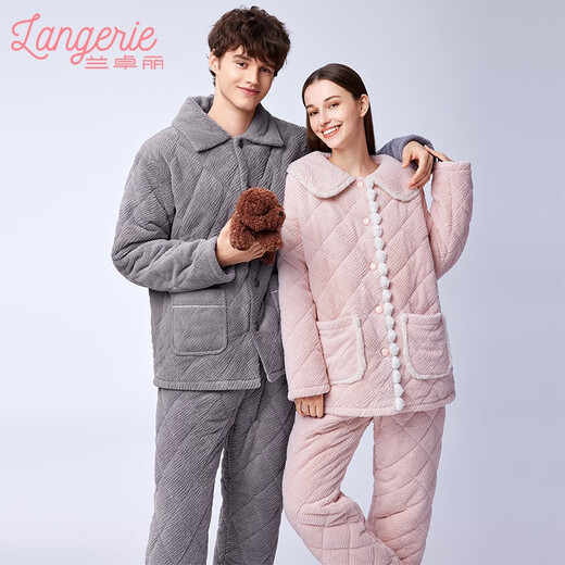 Landroli Couple's Wear, Home Clothes Upper and Lower Sets, Protective Warm Clothes, Men's and Women's Coral Fleece Pajamas, Autumn and Winter, Apricot Pink, Women's M (160) Women's