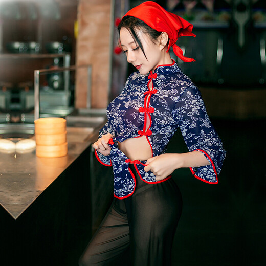 性感情趣内衣女透明短裙角色扮演夜店制服诱惑 开裆免脱露胸网纱 6169村姑碎花 均码