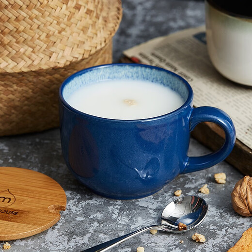 INMIND HOUSE Big belly milk breakfast cup ceramic oatmeal cup with lid spoon large capacity microwaveable European style 600ml gradient gray 600ml (wooden handle spoon + wooden lid)