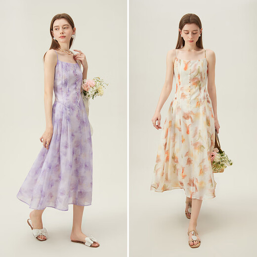 Fan Silann floral suspender dress for women French summer new style seaside vacation date skirt 24FS12222 Dream purple S