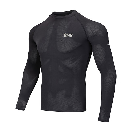 OMG high elastic sports fitness clothing men's training running tights spring and autumn long-sleeved T-shirts cool quick-drying clothes slim mysterious black XL