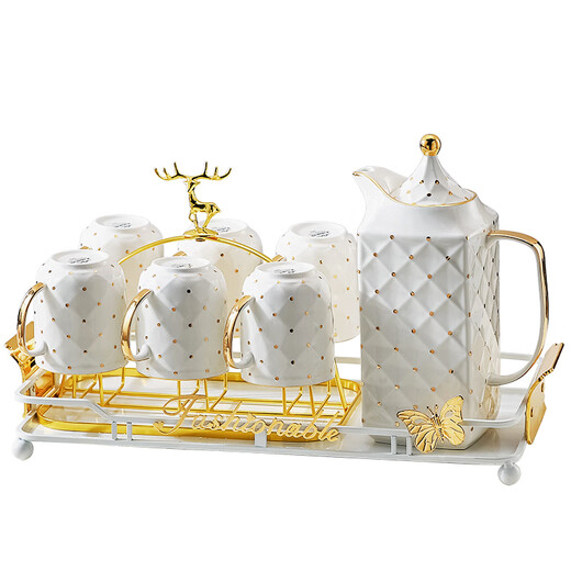 Xibaisheng high-end ceramic water cup set family hospitality cup teapot teacup housewarming wedding gift tea set light luxury water set 9-piece set 681 gift box packaging