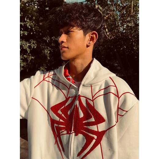 7 best sweatshirts for men's spring and autumn loose hooded cardigan trendy Spider-Man plus velvet thickened versatile couple jacket XDA-699 white L
