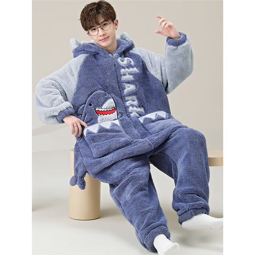 Shantoulin Village Shark Herren Herbst und Winter Großgröße einteiliger Pyjamas 2024 Teenager Plüsch verdickte Korallenfell Heimkleidung ypf einteilig 3894 grüner Panda M Größe 160c/95jin [Jin gleich 0,5 kg]