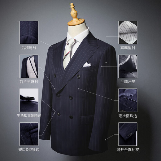 Hany (HANY) Italian Gobolo wool suit men's business banquet wedding double-breasted casual high-end suit Atum blue and white stripes Naples fit version 46 trousers please contact customer service to select the size