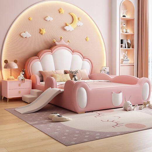 Children's bed girl princess bed internet celebrity single bed girl's bed crown with fence bed pink solid wood bed with guardrail fairy child's bed + 20cm latex mattress 1.5m*2.0m frame structure