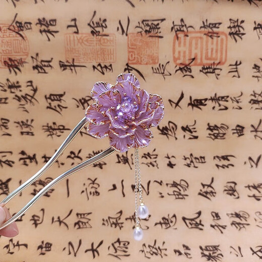 初享（CHUXIANG）新中式珐琅彩牡丹花U型发簪感流苏步摇簪子古风发饰发钗 F1047珐琅彩牡丹花-白色