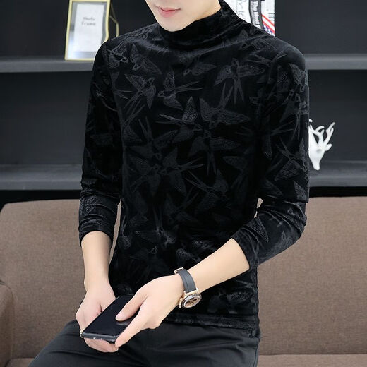 
NUKM gold velvet men's long-sleeved T-shirt in autumn and winter half-high neck base shirt trendy and handsome trendy warmth plus velvet thickened trend 691 swallow black plus velvet M 90-105 Jin [Jin equals 0.5 kg]