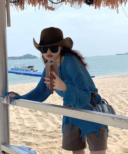 Jincheng West Cowboy Strohhut Frauen großer Rand im Freien Sonnenhut Bergsteiger Ritterhut Männer Reise Sonnenschutzhut Trend MZ600 Brown Stroh gewebter Cowboyhut M (56-58 cm)