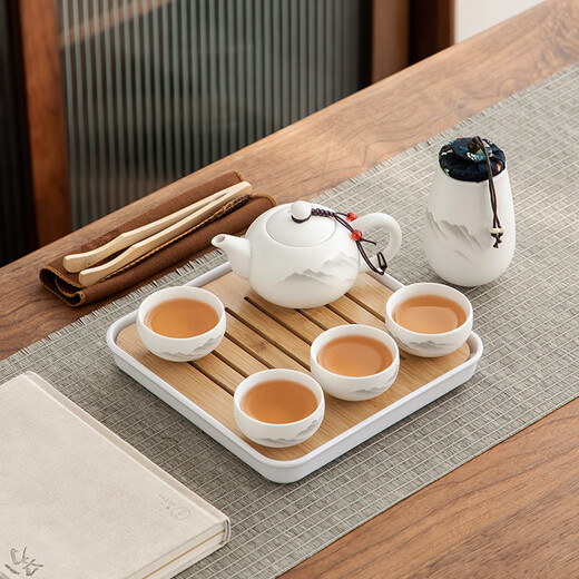 Gold inlaid jade travel tea set home outdoor portable mutton fat jade porcelain Kung Fu tea set tea tray beautiful view of the sea of clouds