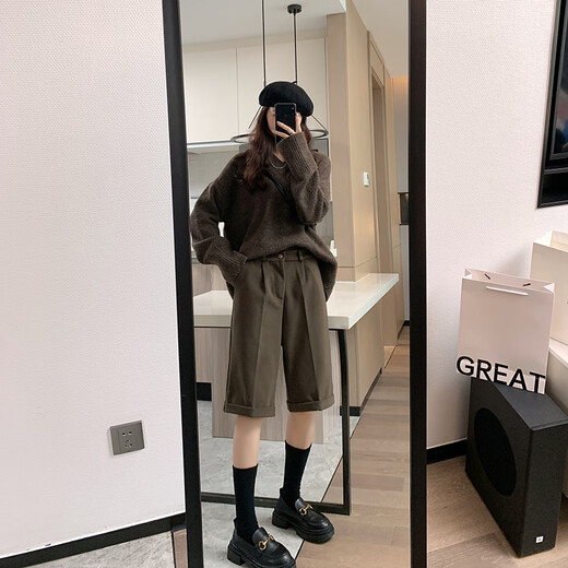CamalgOri winter five-point woolen shorts for women, thickened outer wear, high waist, versatile, fat mm size, small straight hemmed mid-pants for women, brown L