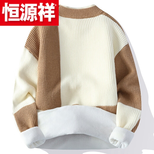 Hengyuanxiang (HYX) Sweater Men's Winter Youth Medium and High Velvet Thickened Sweater Round Neck Korean Version Fake Two-Piece Sweater Knitted Sweater Fashion High-end Brand Special Price Break Code Regular M691 Style Off-White High-end Brand Special Price Break Code 2XL 135-150Jin Jin is equal to 0.5 kg