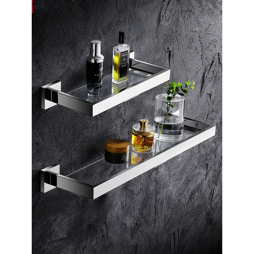 Moercheng Bathroom Glass Shelf 304 Stainless Steel Bathroom Wall Wall-mounted Washstand Cosmetics No-Punch Mirror Front Mirror 70cm-Tempered Glass Shelf No-Nail Installation