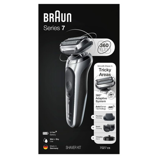 Braun Serie 7 7027Cs Männer -Elektrorasierer mit Bart Trimmer wiederaufladbar nass und trocken mit Ladestation 1 Stunde schnelles Lade Silber Schwarz