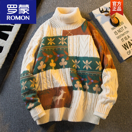罗蒙（ROMON）保暖加厚高领毛衣男秋冬季日系复古休闲慵懒风套头针织衫 藏青色 M (95-115斤)