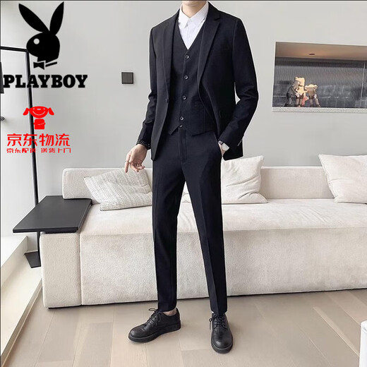 花花公子夏季薄款咖啡色西服套装男新郎结婚礼服三件套修身高级感休闲西装 咖啡色三件套+黑衬衫 M (96-109斤)