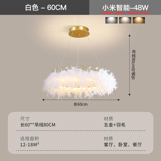 卧室灯法式羽毛吊灯女孩公主房间灯艺术店铺网红灯具 9272吊灯白色35cm 三色变光