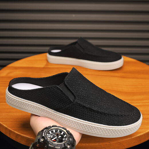 
Huili canvas shoes men's summer breathable casual lazy person pedals half-tugged old Beijing thousand-layer sole cloth shoes black trendy shoes black upgraded model 80 people choose 42