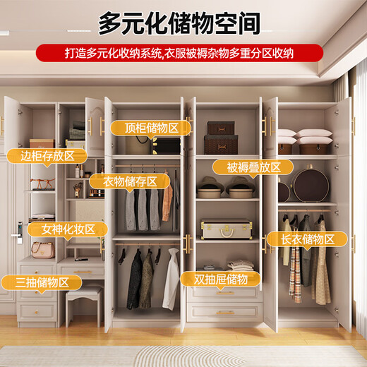 Yifansen package installation solid wood wardrobe bedroom flat door European style wardrobe with dressing table three-door large wardrobe five doors main cabinet + top cabinet + dressing table