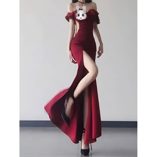 忆静萱（YIJINGXUAN）心机御姐名媛宴会礼服一字肩连衣裙女人味开叉收腰包臀鱼尾长夜店 黑色连衣裙长裙(普通版) M 95-105斤